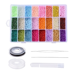 Mixed Color DIY Jewelry Kits, with Glass Seed Beads, Flat Elastic Crystal String, Iron Collapsible Big Eye Beading Needles and Iron Sewing Needles, Mixed Color, Box: 19x13x3.6cm