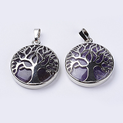 Amethyst Natural Amethyst Pendants, with Platinum Plated Brass Findings, Flat Round with Tree of Life, 31x27x8mm, Hole: 3.5x7mm