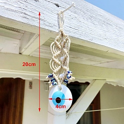 White Flat Round with Evil Eye Glass Big Pendant Decoration, with Hemp Rope, for Wall Hanging Decoration, White, 200x40mm