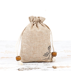 Antique White Cotton Linen Pouches, Drawstring Bag, with Wood Beads, Rectangle with Lotus, Antique White, 10x8cm