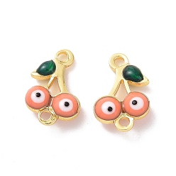 Coral Brass Enamel Connector Charms, Real 18K Gold Plated, Cherry with Evil Eye Pattern, Coral, 7.5x11.5x3mm, Hole: 1.2mm