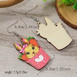 Ярко-Розовый Милые деревянные серьги-подвески в виде кролика на пасху, ярко-розовый, 68x32 мм