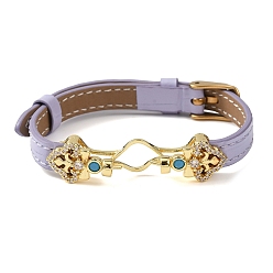 лаванда Регулируемый браслет из коровьей кожи для изготовления бусин, с фурнитурой в виде цветов из латуни, инкрустированной микрофиброй и синтетическим бирюзовым камнем, и застежками из нержавеющей стали., золотые, лаванда, пригодный для 304 мм бусы, 11 дюйм (9.61 см)