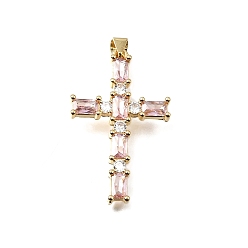 Pink Пасхальные латунные подвески с инкрустацией кубическим цирконием, крест с прямоугольными подвесками, без свинца и без кадмия, стойки покрытие, долговечный, реальный 18 k позолоченный, розовые, 33~33.5x20.5x3.5 мм, отверстие : 4x3.5 мм