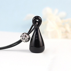 Black Glass Perfume Bottle Pendant Necklace with Wax Cord for Women, Black, Pendant: 40x18mm, 17.72 inch(45cm)