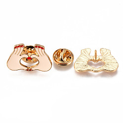 PeachPuff Alloy Enamel Brooches, Enamel Pin, with Brass Butterfly Clutches, Gesture for Finger Heart, Light Gold, Cadmium Free & Nickel Free & Lead Free, PeachPuff, 15x23x2mm, Pin: 1mm