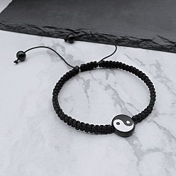 Black Yin-yang Resin Bead Braided Bead Bracelets, Adjustable Polyester Cord Bracelets for Women, Black, No Size