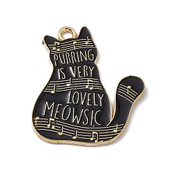 Black Music Theme Charm, Alloy Enamel Pendants, Cat with Music Scores and Word, Golden, Black, 28x22.5x1.2mm, Hole: 2mm