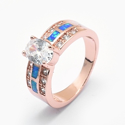 Rose Gold Cubic Zirconia Finger Rings, with Synthetic Opal and Brass Findings, Long-Lasting Plated, Oval, Size 7, Clear, Rose Gold, 17.5mm