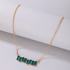 22138-green Colorful Square Diamond Geometric Chain Necklace with Imitation Gemstone Pendant
