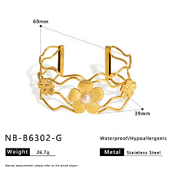 Настоящее золото 18K Полые браслеты-манжеты из хирургической нержавеющей стали с имитацией жемчуга для женщин., цветок, реальный 316 k позолоченный, внутренний диаметр: 18 дюйм (2.36 см)