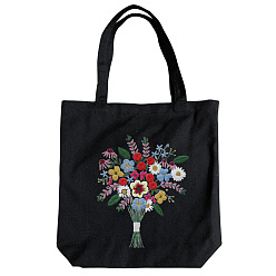 Colorful DIY Bouquet Pattern Black Canvas Tote Bag Embroidery Kit, including Embroidery Needles & Thread, Cotton Fabric, Plastic Embroidery Hoop, Colorful, 390x340mm