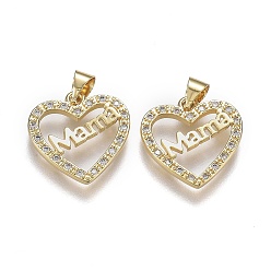 Real 18K Gold Plated Brass Micro Pave Clear Cubic Zirconia Pendants, with Snap on Bails, for Mother's Day, Long-Lasting Plated, Heart with Word Mama, Real 18K Gold Plated, 17x16.5x2mm, Hole: 5mm