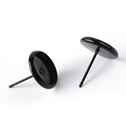Black Spray Painted Brass Stud Earring Settings, with Iron Pins, Black, Tray: 10mm, 12mm, Pin: 0.8mm