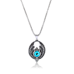 Antique Silver Wing with Evil Eye Pendant Necklace Lucky Spiritual Protection Necklaces Hip-hop Punk Style Charm Titanium Steel Jewelry for Men and Women, Antique Silver, 21.65 inch(55cm)
