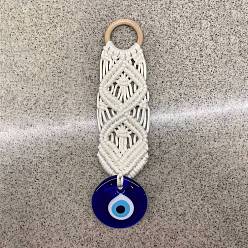 Antique White Cotton Cord Macrame Woven Wall Hanging, Glass Evil Eye Hanging Ornament with Wood Rings, for Home Decoration, Antique White, 260mm