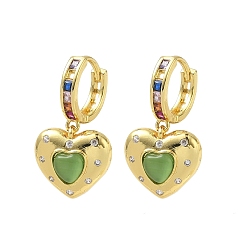 Golden Brass Micro Pave Cubic Zirconia and Cat Eye Beads Heart Hoop Dangle Earrings, Rack Plating, Long-Lasting Plated, Cadmium Free & Lead Free, Golden, 27.5x15.5mm