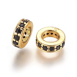 Black Brass Cubic Zirconia European Beads, Large Hole Beads, Ring, Golden, Black, 7.5x2.5mm, Hole: 4.5mm
