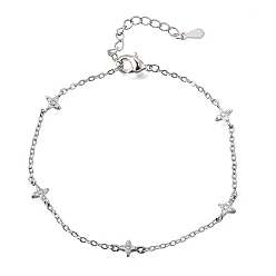 Platinum Brass Micro Pave Clear Cubic Zirconia Star Link Chain Bracelets, Long-Lasting Plated, Rack Plating, Lead Free & Cadmium Free, Platinum, 6.81 inch(17.3cm)