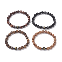 Mixed Color Om Mani Padme Hum Mala Bead Bracelet, Natural Obsidian & Synthetic Hematite & Wood Stretch Bracelet for Women, Mixed Color, Inner Diameter: 2-1/8 inch(5.5cm)