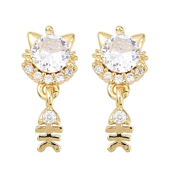 Прозрачный Латунь микро проложить кубический цирконий болтаться серьги стержня, форма кошки с рыбьей костью, долговечный, стойки покрытие, без свинца и без кадмия, реальный 18 k позолоченный, прозрачные, 19x9 мм