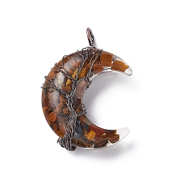 Tiger Eye Natural Tiger Eye Chips & Transparent Resin Big Pendants, Moon Charms, with Red Copper Tone Brass Wire Wrapped, Cadmium Free & Lead Free, 52~53x36~37x14~16mm, Hole: 8mm
