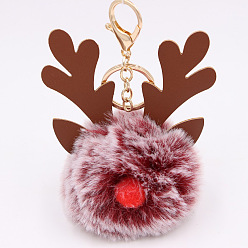 Light Coral Christmas Deer Antler Pom-Pom Keychain with Plush Elk Charm for Women's Handbag Gift
