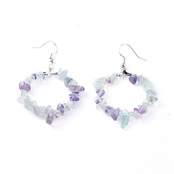 Fluorite Natural Fluorite Dangle Earrings, with Platinum Plated Brass Earring Hooks, Round Ring, 51.2~56.2mm, Pin: 0.5mm