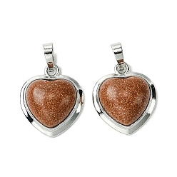 Камень с Пылевым Золотом Синтетические голдстоуновские подвески, подвески-сердечки со стойкой, фурнитура из латуни с платиновым покрытием, без кадмия и без свинца, без кадмия и без свинца, 23x19.5x8~9 мм, отверстие : 7x5 мм