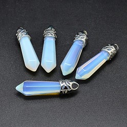 Opalite Bullet Platinum Plated Alloy Opal Pointed Pendants, Cadmium Free & Lead Free, 33~40x8~9mm, Hole: 3x4mm