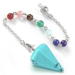 Synthetic Turquoise Chakra Synthetic Turquoise Hexagonal Pointed Dowsing Pendulums, with Platinum Tone Iron Chains, Cone Charm, Mixed Dyed and Undyed, 252mm, Pendant: 24~25.5x15.5x14.5mm