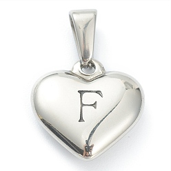 Letter F 304 Stainless Steel Pendants, Heart with Black Letter, Stainless Steel Color, Letter.F, 16x16x4.5mm, Hole: 7x3mm