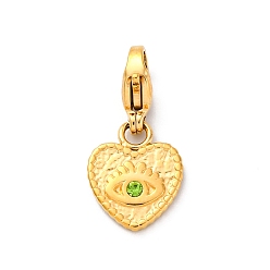 Перидот Сердце 304 подвеска из нержавеющей стали со стразами украшения, с застежкой в виде клешни лобстера, ионное покрытие (IP), реальный 14 k позолоченный, перидот, 21.5 мм