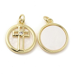 Cross Rack Plating Brass Micro Pave Clear Cubic Zirconia Pendants, with Shell, Real 18K Gold Plated, Long-Lasting Plated, Cadmium Free & Lead Free, Flat Round Charm, Cross, 18x15.5x3mm