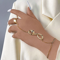 Golden Alloy Curb Chains Ring Bracelet, Rhinestone Snake Charms Bracelet with Open Cuff Ring, Golden, 6-3/4 inch(17cm), Inner Diameter: 17mm