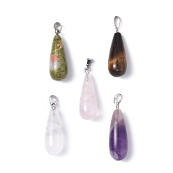 Mixed Stone Natural Mixed Gemstone Pendants, Teardrop Charms, with Platinum Tone Brass Findings, 28.5~32x10~10.5mm, Hole: 5x3.5mm