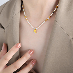 Golden necklace, 40+8cm. French Minimalist Natural Stone Handmade Beaded Star Pendant Titanium Steel Necklace