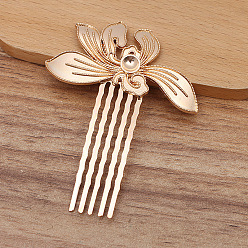 Light Gold Alloy Hair Comb Findings, Round Bead & Enamel Settings, with Iron Comb, Orchid Flower, Light Gold, 55x29mm, Fit for 5mm Beads
