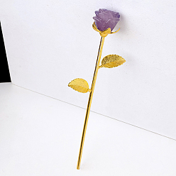 Amethyst Natural Amethyst Carved Rose Ornaments, Golden Tone Brass Flower Branch for Women Girls Valentine's Day Gift, 230mm
