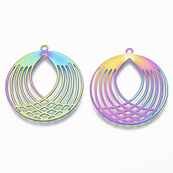 Rainbow Color Ion Plating(IP) 201 Stainless Steel Filigree Pendants, Etched Metal Embellishments, Flat Round, Rainbow Color, 32.5x30x0.4mm, Hole: 1.5mm