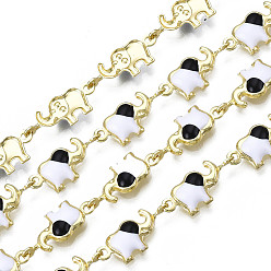 Black Brass Elephant Link Chains, with Enamel, Unwelded, Real 16K Gold Plated, Black, 15x6.5x2mm