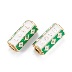 White Real 18K Gold Plated Brass Micro Pave Clear Cubic Zirconia Tube Beads, with Enamel, Hexagonal Prism with Word Love, White, 22x11x9.5mm, Hole: 4.5x4mm