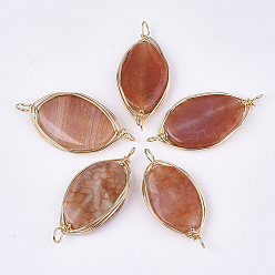 Chocolate Natural Agate Wire Wrapped Links connectors, with Iron Wire, Dyed, Oval, Golden, Chocolate, 45~60x20~30x5~8mm, Hole: 4mm