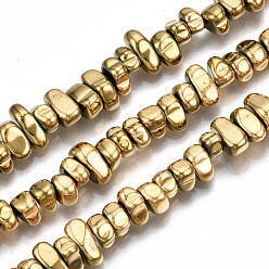 Real 18K Gold Plated Electroplate Non-magnetic Synthetic Hematite Beads Strands, Nuggets, Real 18K Gold Plated, 5.5~10.5x4~6x3~4.5mm, Hole: 0.8mm, about 103~114pcs/strand, 14.96 inch~15.75 inch(38cm~40cm)