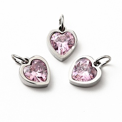 Pearl Pink 304 Stainless Steel Pendants, with Cubic Zirconia and Jump Rings, Single Stone Charms, Heart, Stainless Steel Color, Pearl Pink, 9x8x3mm, Hole: 3.6mm