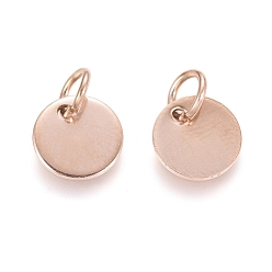 Rose Gold Ion Plating(IP) 304 Stainless Steel Charms, Stamping Blank Tag, with Jump Rings, Flat Round, Rose Gold, 8x0.7mm, Hole: 3.5mm