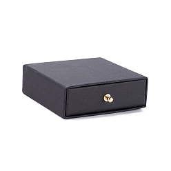 Black Square Paper Drawer Jewelry Set Box, with Brass Rivet, for Earring, Ring and Necklace Gifts Packaging, Black, 9x9x3~3.2cm