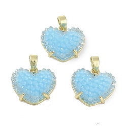 Небесно-голубой Подвески в форме сердечек из смолы друзы, Покрытие стойки из настоящей 18k позолоченной латуни, подвески в форме сердца любви, долговечный, без кадмия и без свинца, голубой, 13.5x15.5x7 мм, отверстие : 3.3x5.2 мм