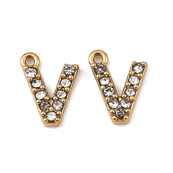Letter V Ионное покрытие (ip) 304 подвески со стразами из нержавеющей стали, золотые, Буква V, 9x7x2, отверстие : 1 мм