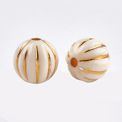 Beige Plating Acrylic Corrugated Beads, Metal Enlaced, Round, Beige, 9.5~10mm, Hole: 2mm, about 900~950pcs/500g